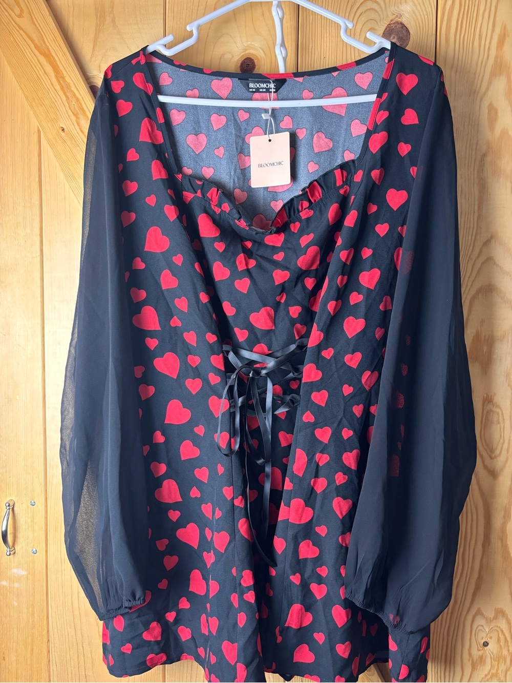 BloomChic Black Tunic with Red Heart Print and Sheer Sleeves